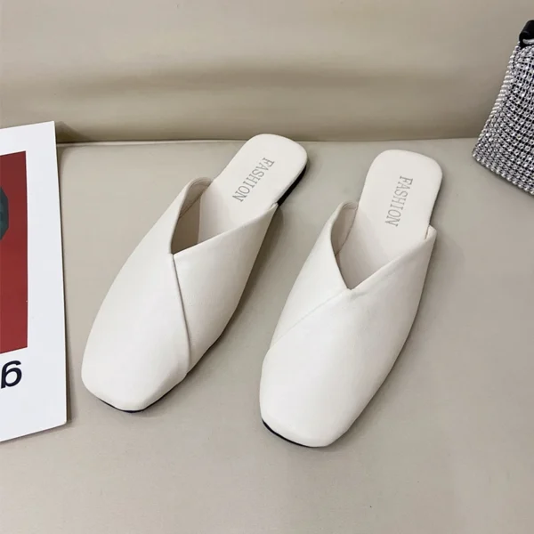 Women Mules 2023 Summer Elegant Square Closed Toe Flat Slippers Female Shoes Casual Leather Black White Slides Plus Size 35-43 - Image 3