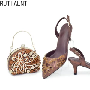 African Women Shoes and Bag Set Full Crystal Pumps for Wedding Party Elegant Heeled Shoes for Women Shoe and Bag Party Italy Set