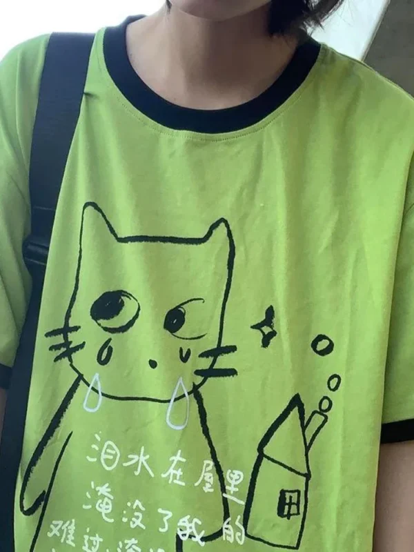 Y2k Aesthetics T-shirt Women Japanese Harajuku Grunge Cartoon Print Tops E-girl Fairycore Contrast Color Cute Graphic T Shirt - Image 2