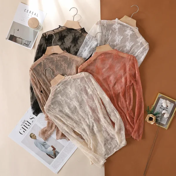 S-XL New Women Lace Shirt Spring Autumn Sexy Mesh Shirts Lace-Collared Blouse Long Sleeve Bottoming Shirt Pullover Top - Image 2