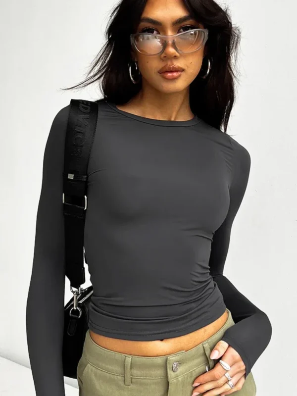 Long Sleeve Black T-Shirt Women Autumn Slim Tops Round Neck Solid Color Female Tops 2023 Casual Winter Tee Base Layer - Image 2