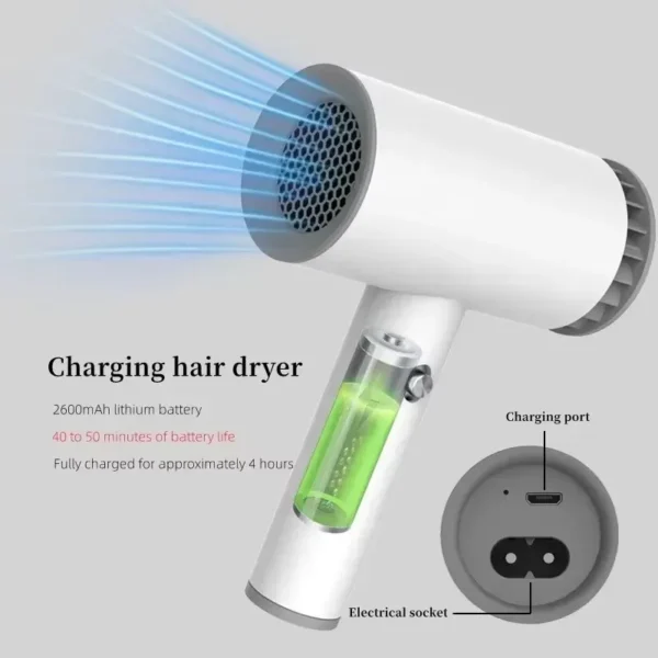 Portable Wireless Hair Dryer Travel Portable Fast Dry Hair Lithium Battery Rechargeable Blow Dryer Strong Wind Plug In Hot Air - Image 3