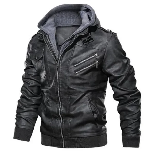 New Fashion Men’s Motorcycle Leather Jackets, Detachable Hooded Slim Casual Leather Coats - Image 2