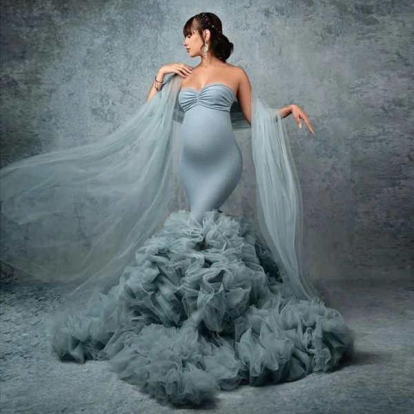 Puffy Ruffles Maternity Dress For Photoshoot Women Pregnant Gowns Lush Tulle Robe Bathrobes Blue Sweetheart Maxi Dresses Shawl