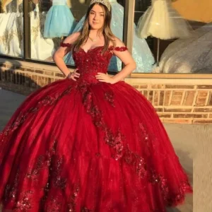 ANGELSBRIDEP Luxury Shiny Burgundy Quinceanera Dresses Vestidos De 15 Anos Off-Shoulder 3D Flower Applique Formal Princess Gown