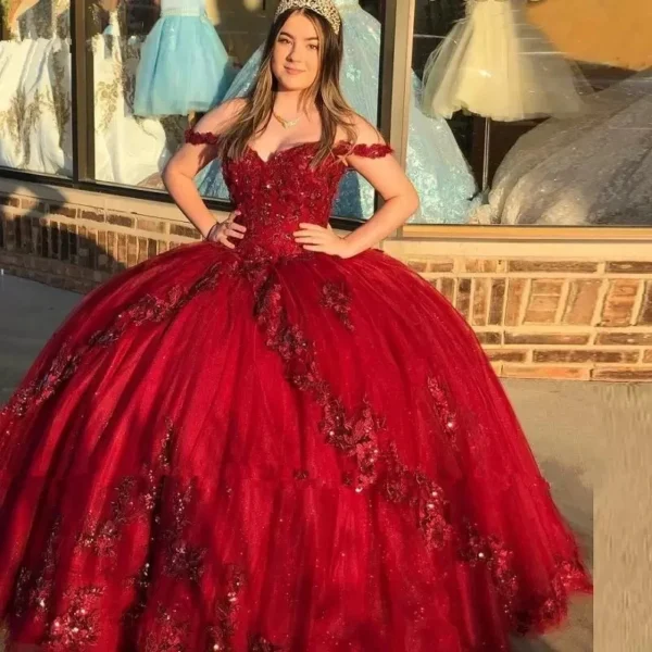 ANGELSBRIDEP Luxury Shiny Burgundy Quinceanera Dresses Vestidos De 15 Anos Off-Shoulder 3D Flower Applique Formal Princess Gown