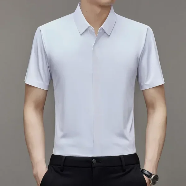 Luxury Mulberry Silk Dress Shirts for Men, engineered with wrinkle-resistant fabric and an invisible button design for a polished, high-end appearance. A true statement of refined fashion. - Image 4