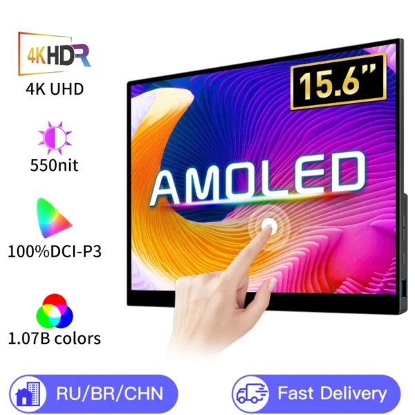 15.6 / 13 Inch 4K OLED Touch Screen Portable Monitor – 550 Nit, USB-C, HDMI-Compatible External Gaming Monitor for Xbox, Switch, Laptop