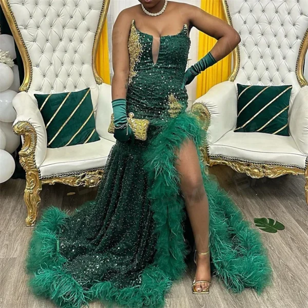 Customized Elegant Emerald Green Mermaid Evening Dress Women Sequin Feather Sexy Slit Party Occasion Dress Prom Formal Wear