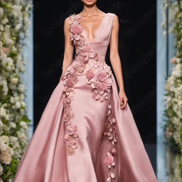 2025 Elegant Evening Dresses A Line 3D Flowers Sleeveless Formal Princess Party Gowns V-Neck Customized Satin Vestidos De Noche