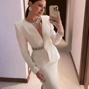 Lovestory Crystal Halter V Neck Prom Dresses Long Sleeves Gloves Evening Party Women Wear Two Pieces Formal Occasion Gowns