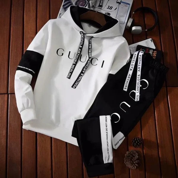 Men’s Tracksuit High-Quality Fashion Hooded Sweatshirt Sweatpants Casual Trend Print Pullover Classic Black White Jogging Clothes - Image 2
