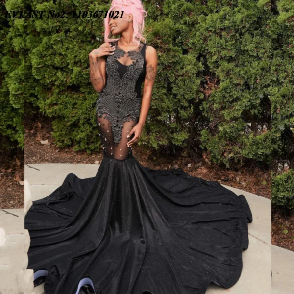 EVLAST Customized Aso Ebi Black Mermaid Prom Dress Diamonds Beading Black Women African Evening Dress Long Party Gown 2025 E2P90 - Image 2
