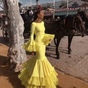 Yellow Flamenco Dress Women Mermaid Prom Dresses Spanish Ruffles Tiered Long Sleeves Evening Formal Party Wear Customized