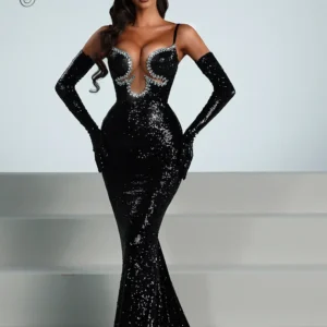 VC Luxury Women'S Elegant Dress Sexy Spaghetti Straps Rhinestones Sequins Tight Mermaid Maxi Black Evening Gown With Gloves