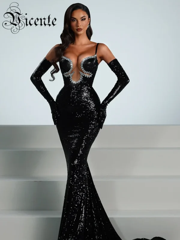 VC Luxury Women'S Elegant Dress Sexy Spaghetti Straps Rhinestones Sequins Tight Mermaid Maxi Black Evening Gown With Gloves
