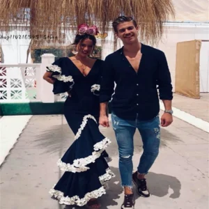 Black Flamenco Dress Women Mermaid Prom Dresses with Cap Sleeves Lace Evening Gowns Custom Appliques Formal Wear Customized