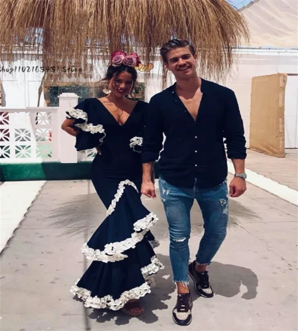 Black Flamenco Dress Women Mermaid Prom Dresses with Cap Sleeves Lace Evening Gowns Custom Appliques Formal Wear Customized