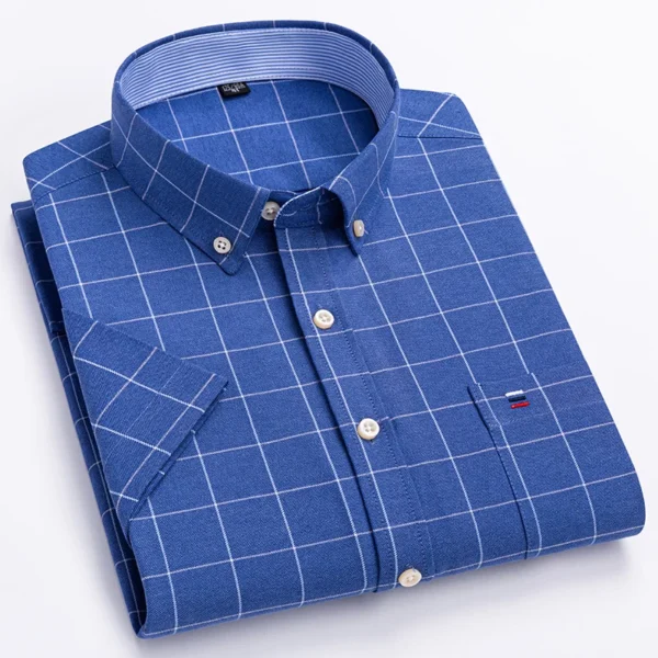 New Men's Social Shirt Short Sleeve 100% Pure Cotton Oxford Soft Buttoned Plaid Formal Male Clothes Pocket Social Shirt S-7XL - Image 2