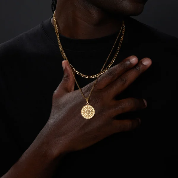 Vnox Layered Necklaces for Men, Sailing Travel Compass Pendant, Stainless Steel Cuban Figaro Wheat Chain, Casual Retro Collar - Image 3