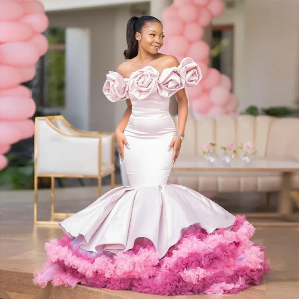 White Pink Off The Shoulder Prom Dresses Ruched Rose Satin Mermaid Evening Gowns Tiered Ruffles Sweep Train Women Formal Wear