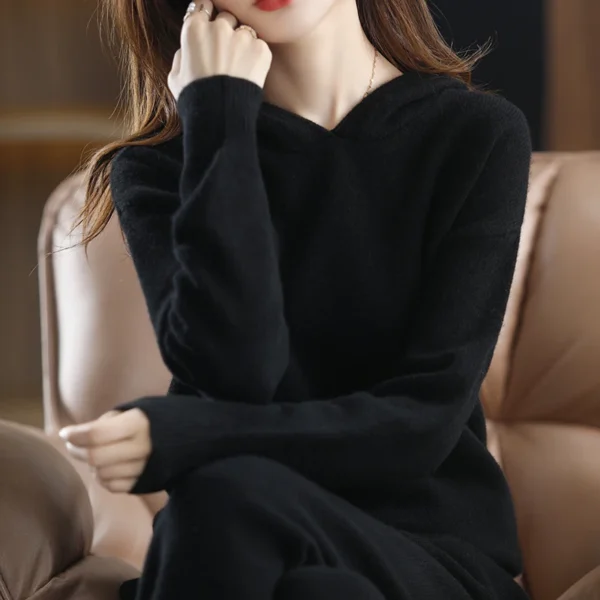 100% Cashmere Wool Set 22 New Women's Long Sleeve Hooded Sweater Casual Loose Knitted Long Wide Leg Pants Women's Pure Wool sui - Image 6