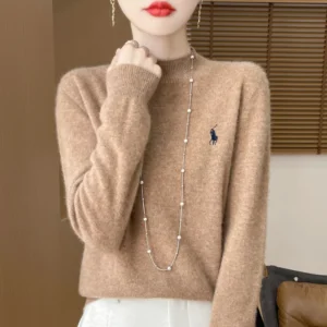 2024 Women’s Cashmere Hoodie, Fashionable Embroidered Half-High Neck, 100% Australian Wool