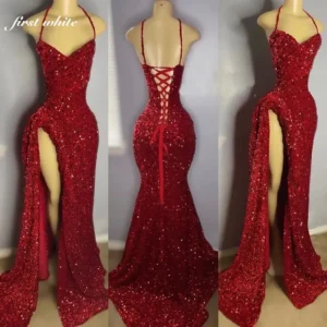 Customized Dark Red Sequins Prom Dresses Halter High Split Corset Back Mermaid Plus Size Celebrity Party Formal Evening vestido