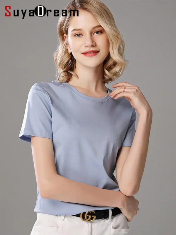 SuyaDream Women Solid T shirts, Silk Cotton Blend, O Neck, Short Sleeved Solid Tee,2024 Summer Candy Colors Basic Cozy Top Green