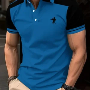 Men’s Color Blocked Short-Sleeved Lapel Golf Shirt, Casual Loose Fit Summer Golf Shirt