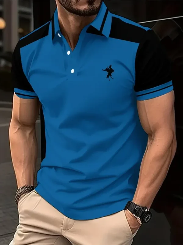 Men’s Color Blocked Short-Sleeved Lapel Golf Shirt, Casual Loose Fit Summer Golf Shirt