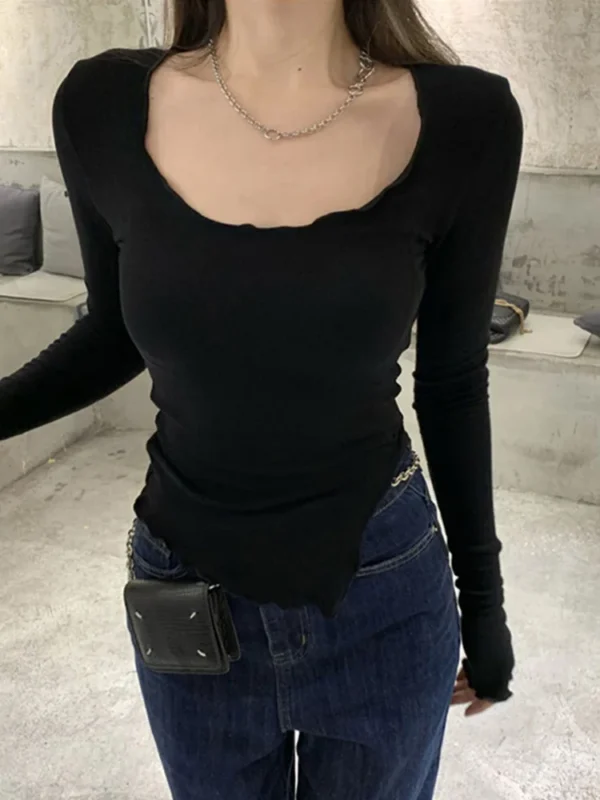 Long Sleeve T-shirts Women Fungus Line Irregular Hem Knitted Slender Autumn Bottoming Tees Chic Fashion Sexy Solid Ulzzang New - Image 4