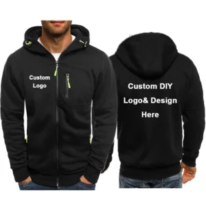 Men's Hooded Zipper Jacket With Pockets Custom Logo Image Text Casual Sports Streetwear Men's Cardigan Wool Sweater Fashion