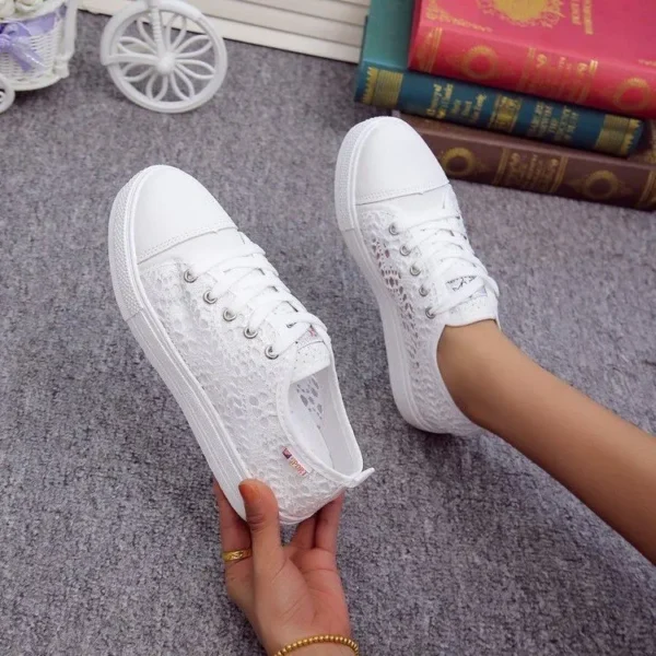 Women Shoes 2023 Fashion Summer Casual White Shoes Cutouts Lace Canvas Hollow Breathable Platform Flat Shoes Woman Sneakers - Image 5