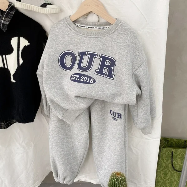 Spring Autumn Warm Boys Clothing Set Letter OUR Lined With Velvet Shirt+Pants 2Pcs Suit For Kids Children Outdoor Sports Suit - Image 3