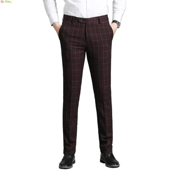 Blue Mens Suit Pants, Burgundy Business Casual Plaid Trousers, Asian Size 29-38, Gray Available, Black Striped Pant - Image 2