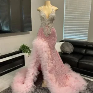 Exquisite Pink Prom Dress 2025 Ruffle Crystal Rhinestones Beading Halter Party Dresses Woman Birthday Gown Customized