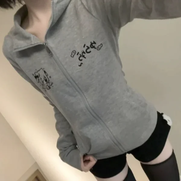 Japanese Y2k Aesthetic Cartoon Print Tshirts Women Turn Down Collar T-shirt Streetwear Slim Zipper Bottoming Tee Shirts Femme