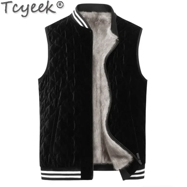 Tcyeek Natural Mink Fur Vest for Men, Winter Real Fur Sleeveless Slim Fit Double-Sided Wear
