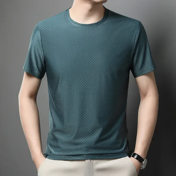 Breathable Bamboo Ice Silk T-Shirt Loose Cool Plaid Men's Short Sleeve Round Neck Outdoor Top Summer Soft Sweat-Absorbing Tee - Image 4