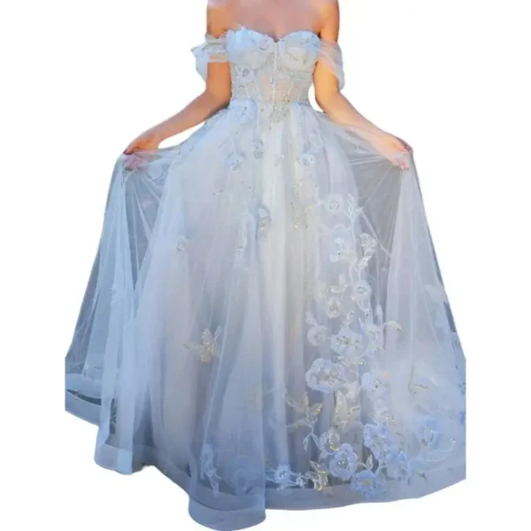 NB51 Cutomized Prom Dresses Lady Long Off Shoulder Flower Applique Illusion Bodice Women Formal Evening Dress Wedding Party Wear - Image 3