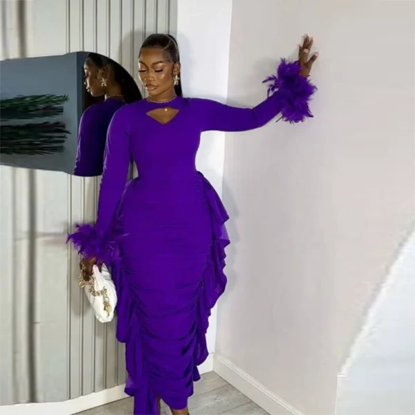 Purple African Sheath Prom Dresses Feather Long Sleeves Ruched Evening Gowns Black Girls Plus Size Formal Party Dress Robe