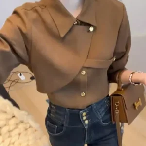 2025 New Spring Thicken Long Sleeve Shirts for Women Solid Black Front Cover Designer Vintage Y2K Blouse Europe Formal Clothing