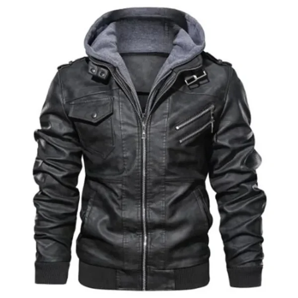New Fashion Men’s Motorcycle Leather Jackets, Detachable Hooded Slim Casual Leather Coats - Image 3