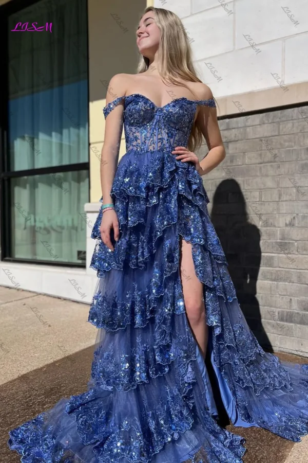 Light Blue Lace Tiered Long Prom Dress with Slit Sweetheart Sleeveless Tulle Evening Dresses Sparkling A-Line Formal Party Gowns - Image 6