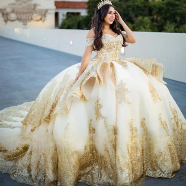 Customized 2023 Gold Sequins Applique Quinceanera Dress Off Shoulder Tiered Sweet 16 Birthday Party Formal Wear Vestidos YQD484 - Image 4