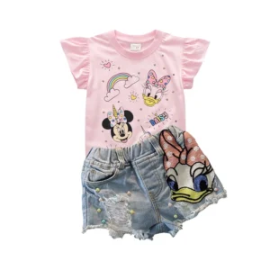 Summer Baby Girls Fashion Clothes Sets Kids Cartoon Minnie Mouse Cotton T-shirt Daisy Hole Denim Shorts Suits Children Clothing
