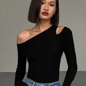 Fashion Off-Shoulder Skew Collar Long-Sleeved T-Shirt, Slim Fit Crop Top Sexy Hollow Out Spring Tees