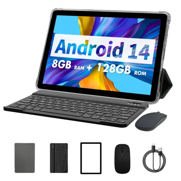 PRITOM TAB11 Android 14 Tablet – 10" Screen, 8GB RAM (Expandable), 128GB Storage, Octa-Core Processor, 5G WiFi, Includes Keyboard & Mouse