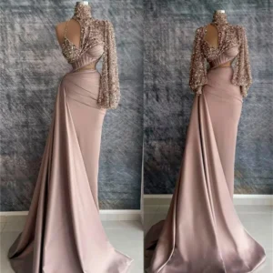 Chic Rose Pink Sequined Mermaid Evening Dresses With Detachable Train Elegant Satin Cut Out Full Sleeves For Women Party Dresses